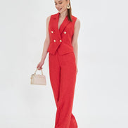 Red Sleeveless Vest & Wide Leg Pants