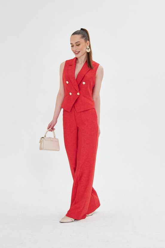 Red Sleeveless Vest & Wide Leg Pants