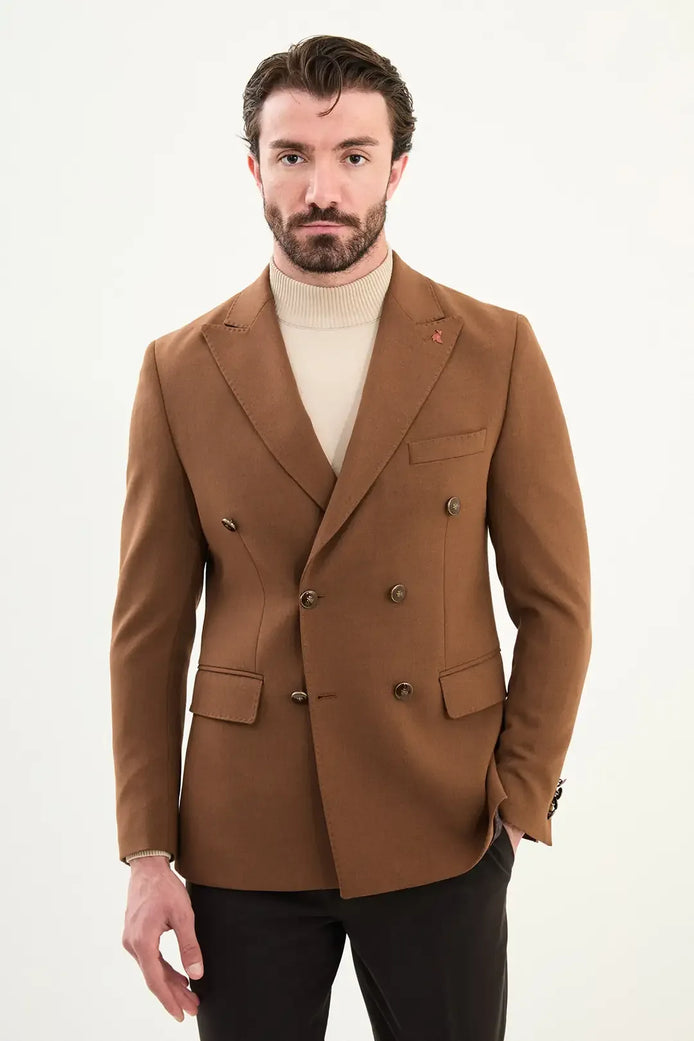 Wool Men Double Breasted Blazer Rust