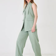 Sage Green Longline Vest Wide Leg Pants Suit Set