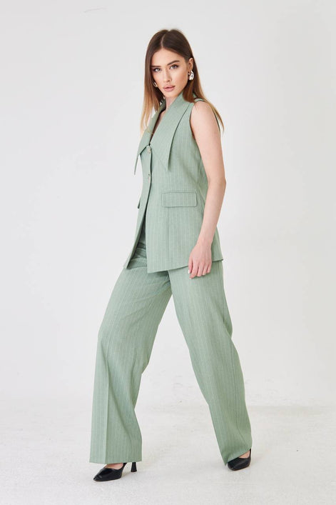 Sage Green Longline Vest Wide Leg Pants Suit Set