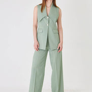 Sage Green Longline Vest Wide Leg Pants Suit Set