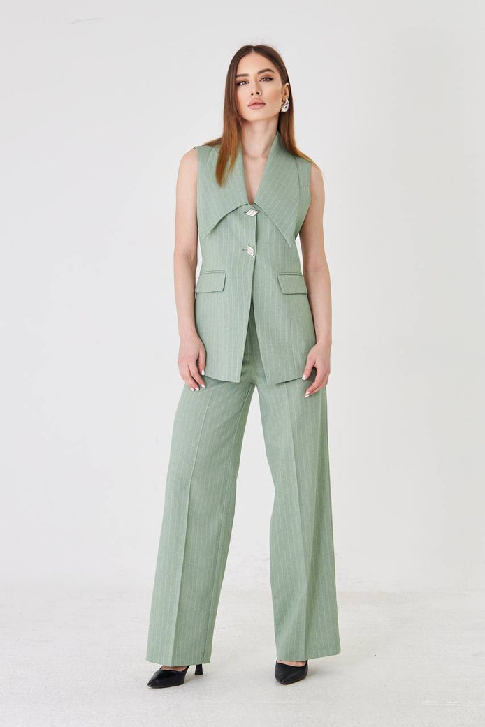 Sage Green Longline Vest Wide Leg Pants Suit Set