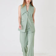 Sage Green Longline Vest Wide Leg Pants Suit Set