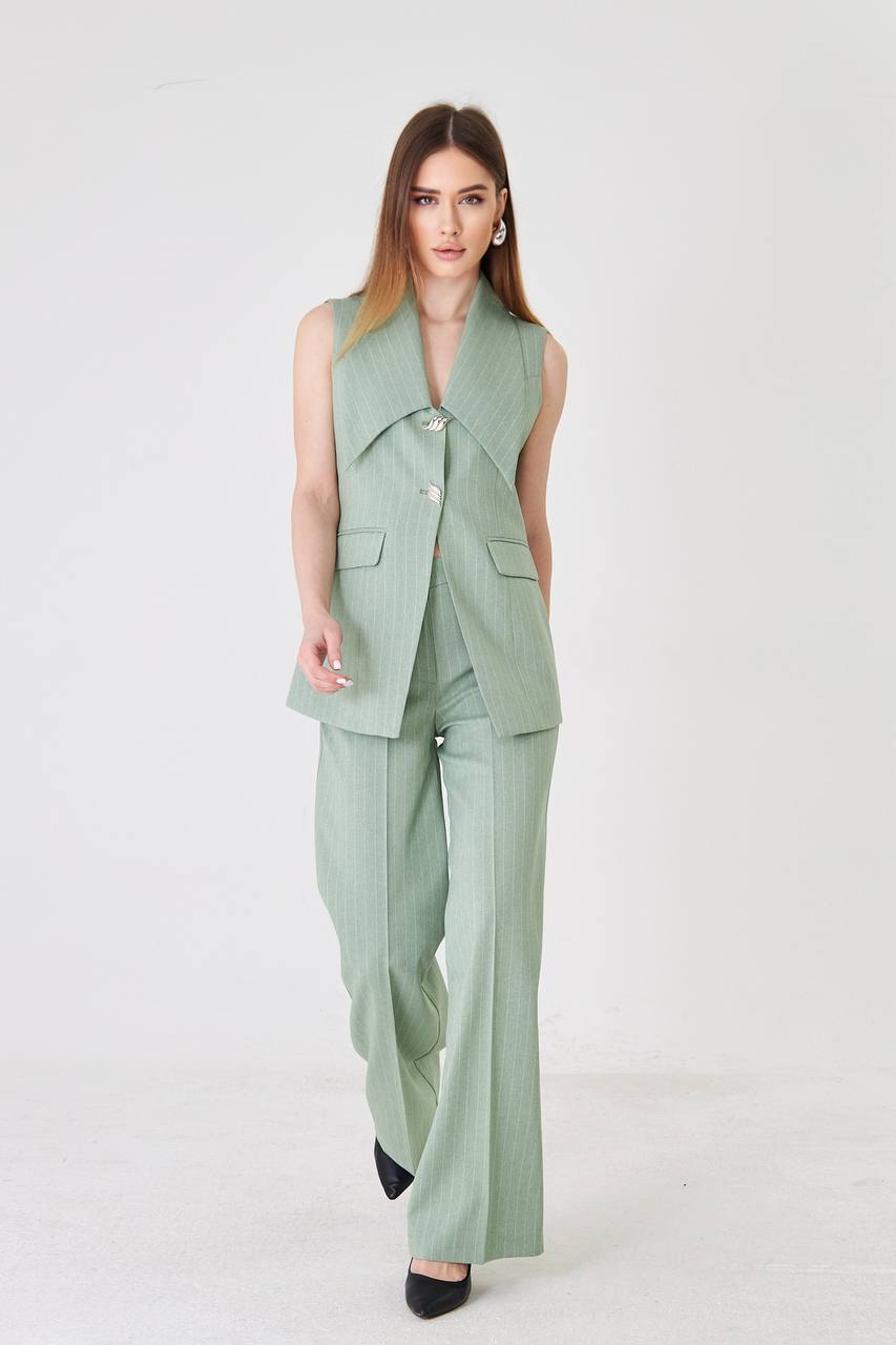 Sage Green Longline Vest Wide Leg Pants Suit Set