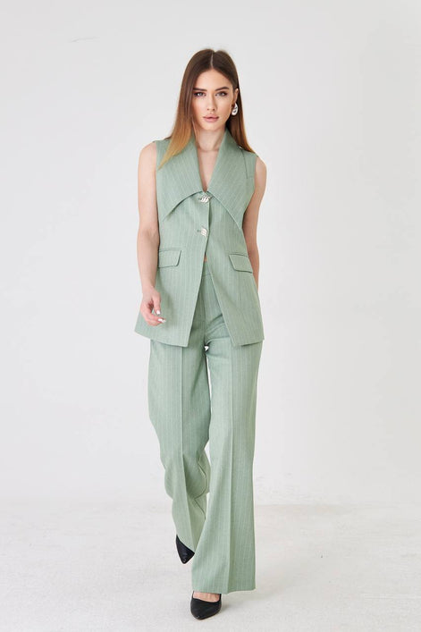 Sage Green Longline Vest Wide Leg Pants Suit Set