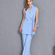 Sleeveless Sky Blue 2 Piece Suit Women