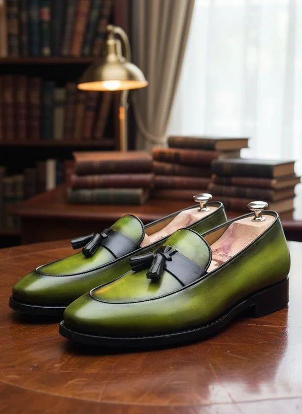 Green leather loafers