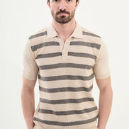 Striped Beige Knit Polo Shirt