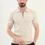 Striped Beige Ribbed Polo Shirt
