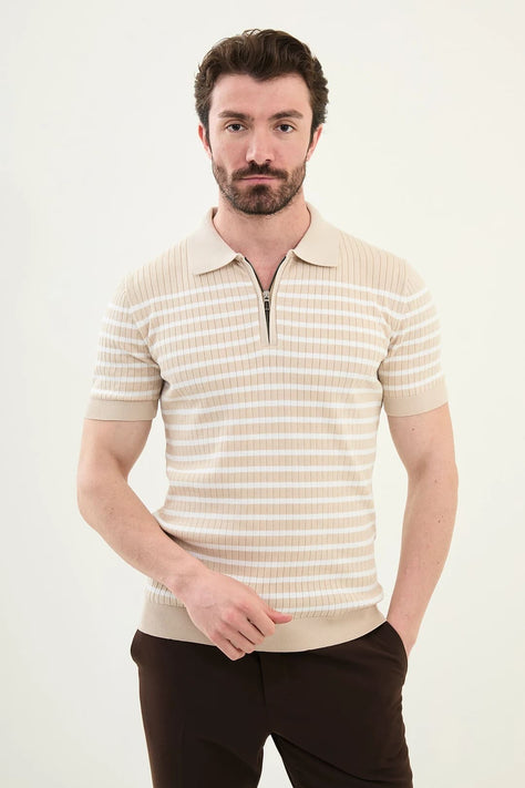 Striped Beige Ribbed Polo Shirt