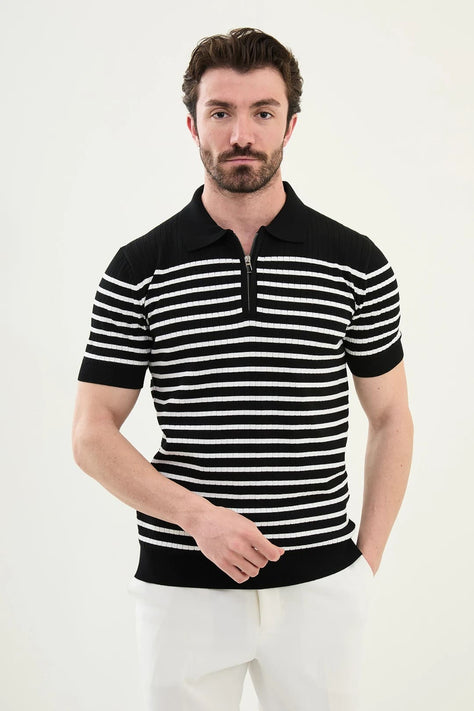 Striped Black Ribbed Polo Shirt