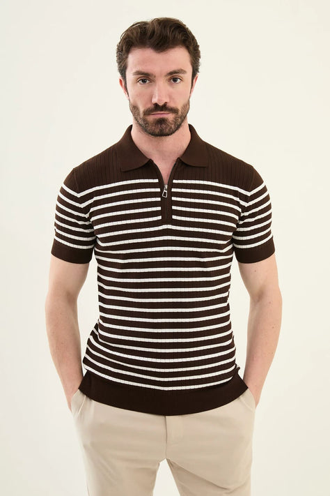 Striped Brown Ribbed Polo Shirt