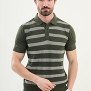 Striped Green Knit Polo Shirt
