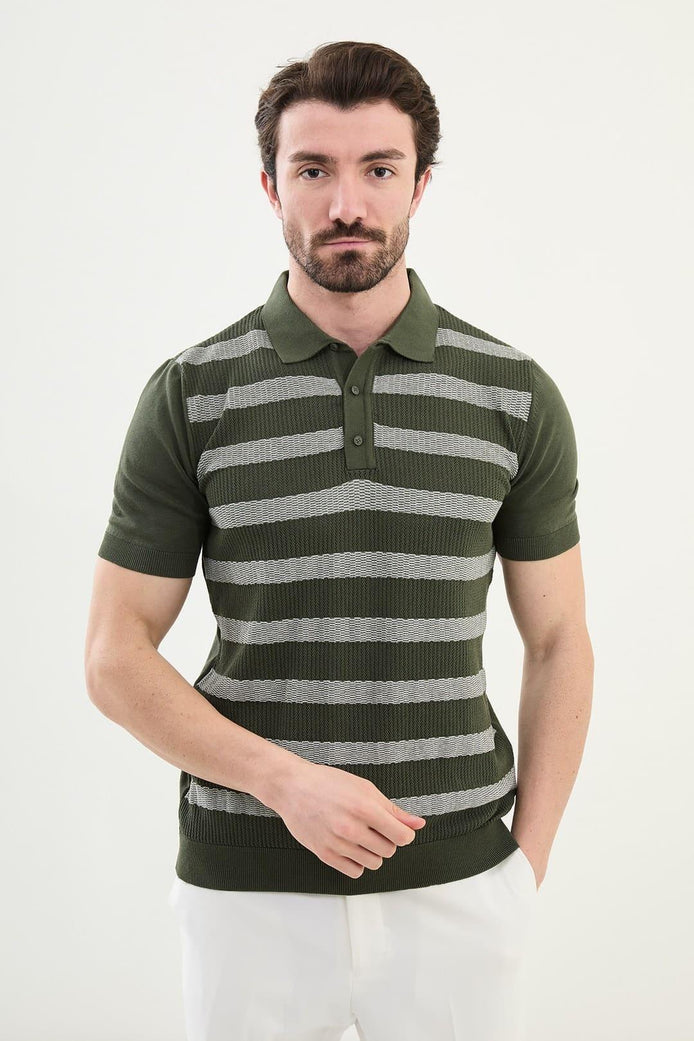 Striped Green Knit Polo Shirt
