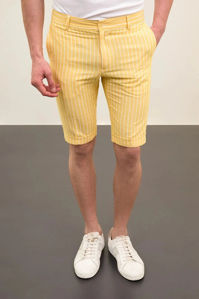 Striped Mens Linen Shorts Yellow