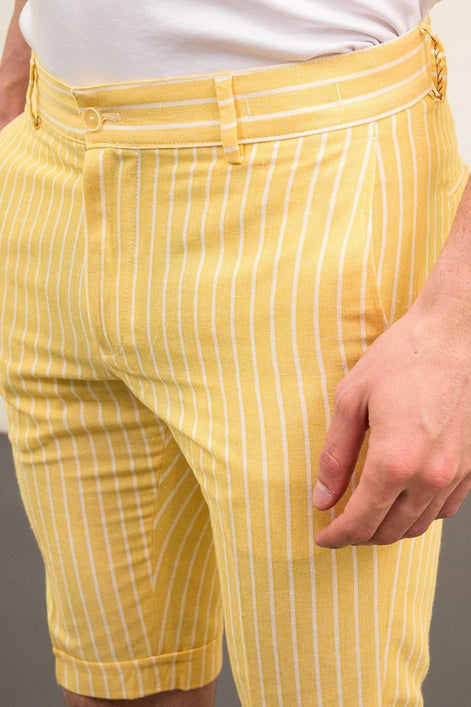 Striped Mens Linen Shorts Yellow