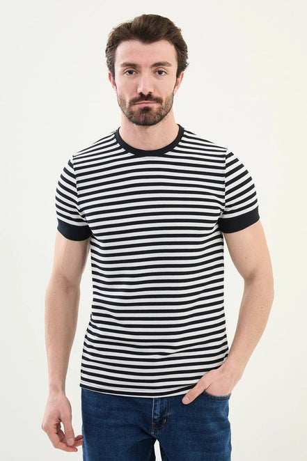 Striped Navy Blue Crew Neck T-Shirt