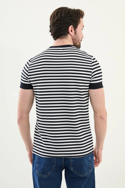 Striped Navy Blue Crew Neck T-Shirt