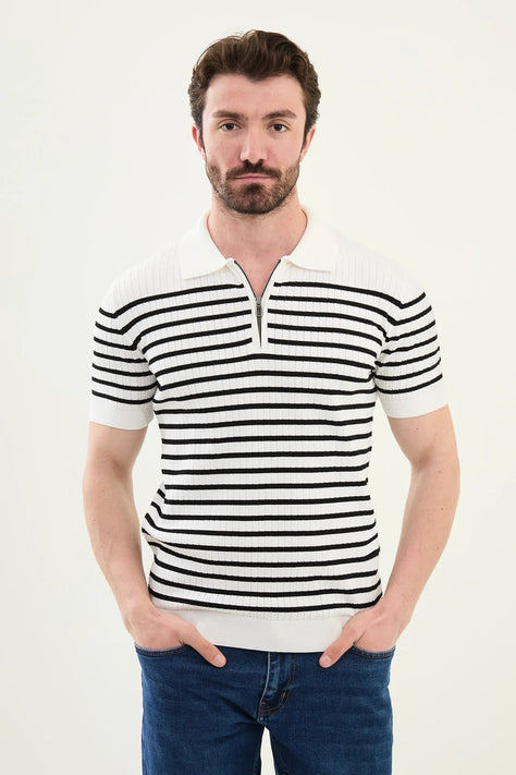 Striped Off White Ribbed Polo Shirt