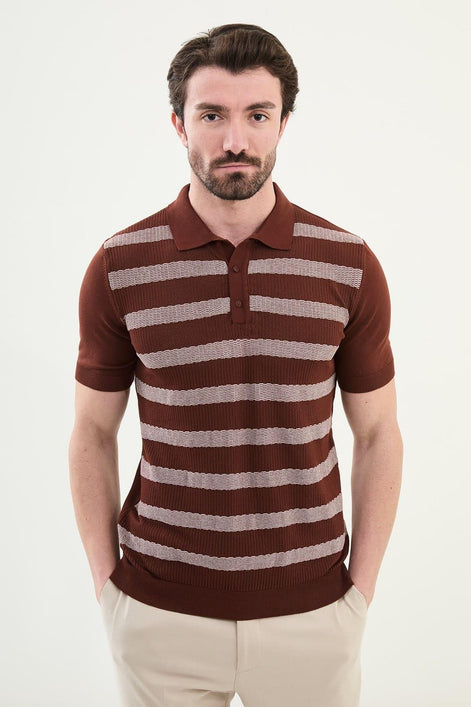 Striped Rust Brown Knit Polo Shirt