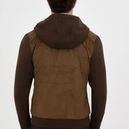 Suede Hooded Bomber Jacket with Knit Sleeves Brown