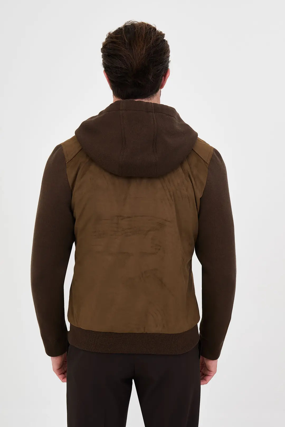 Suede Hooded Bomber Jacket with Knit Sleeves Brown