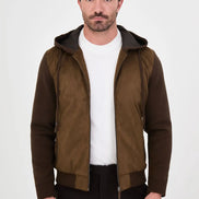 Suede Hooded Bomber Jacket with Knit Sleeves Brown