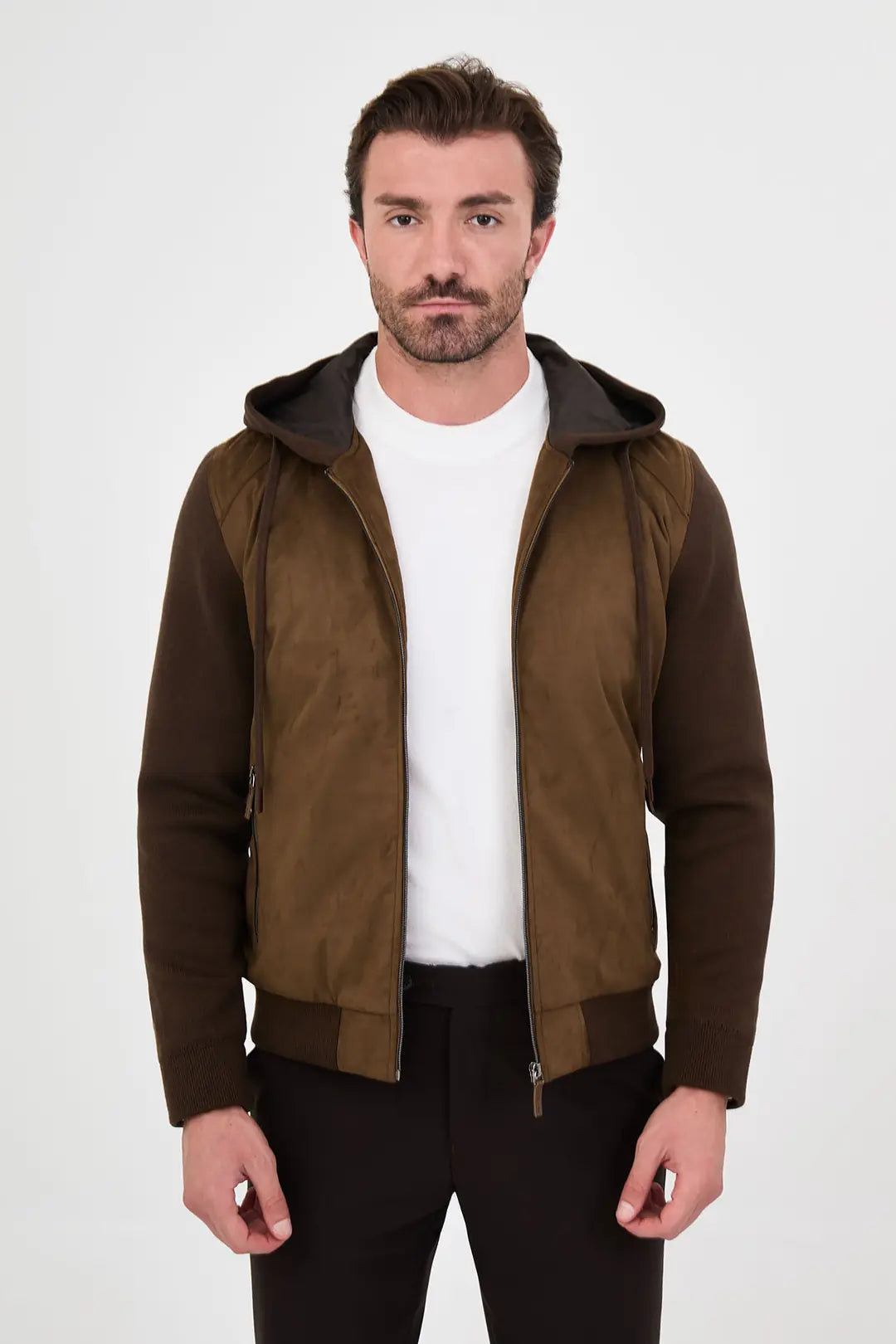 Suede Hooded Bomber Jacket with Knit Sleeves Brown