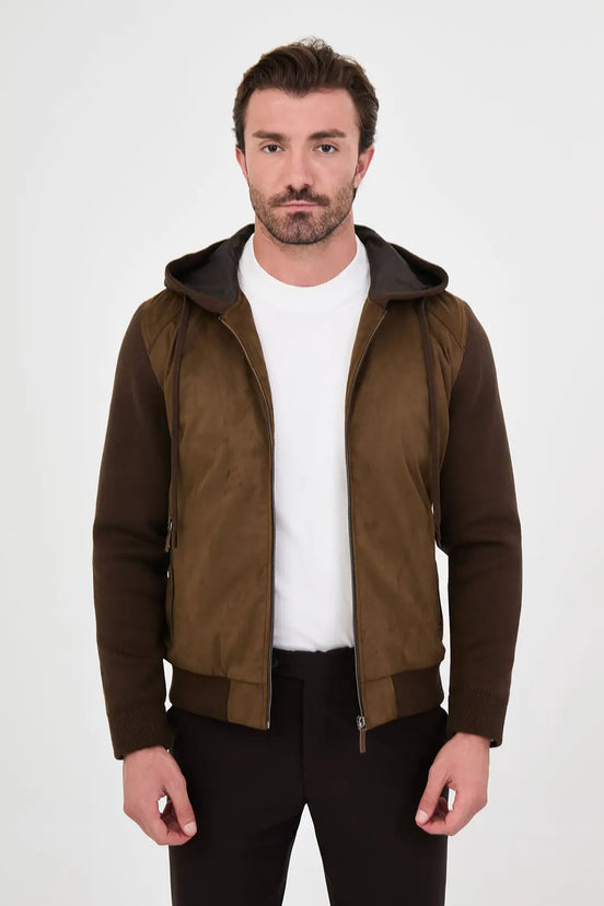 Suede Hooded Bomber Jacket with Knit Sleeves Brown