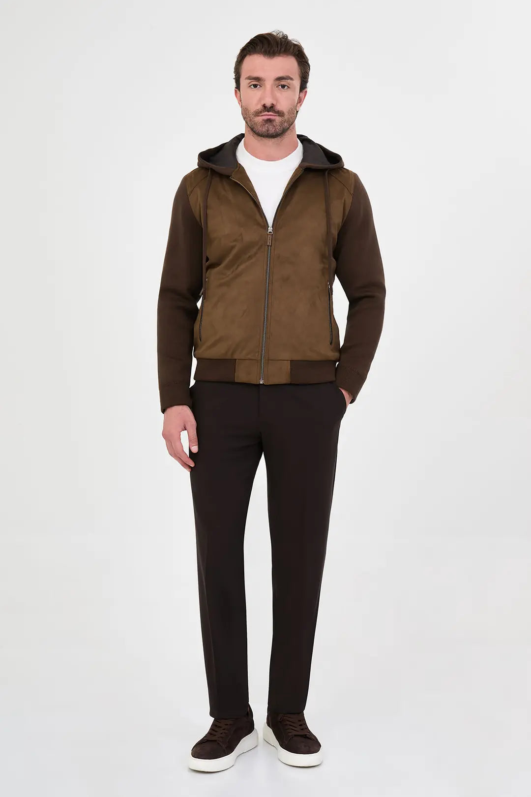 Suede Hooded Bomber Jacket with Knit Sleeves Brown