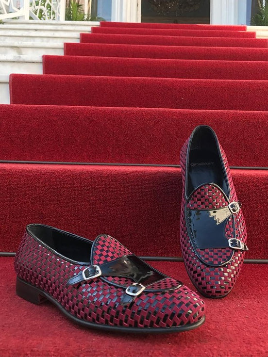 Red Black Double Monk Strap Shoes