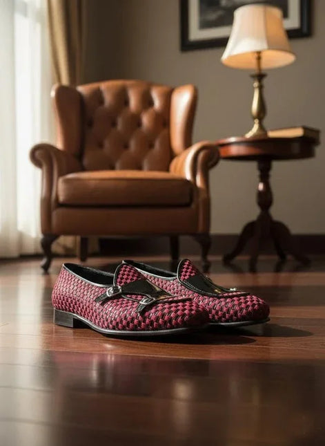 Red Black Double Woven Leather Shoes
