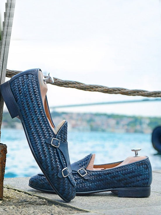 Navy Blue Double Monk Strap Shoes
