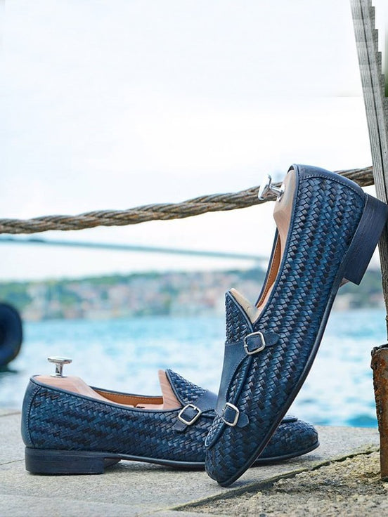 Navy Blue Double Monk Strap Shoes