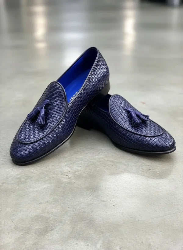 Blue loafers with tassels