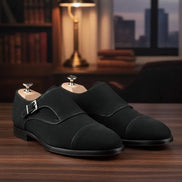 Suede Black Monk Strap Shoes
