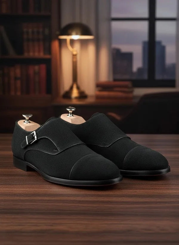 Suede Black Monk Strap Shoes