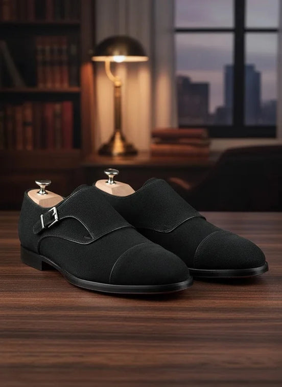 Suede Black Monk Strap Shoes