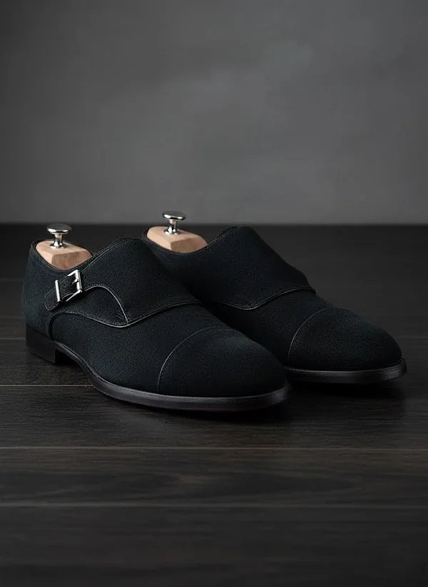 black suede shoes with a buckle