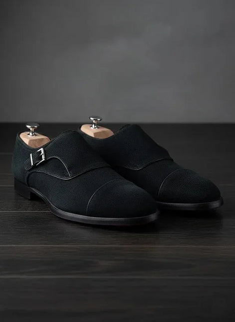 black suede shoes with a buckle