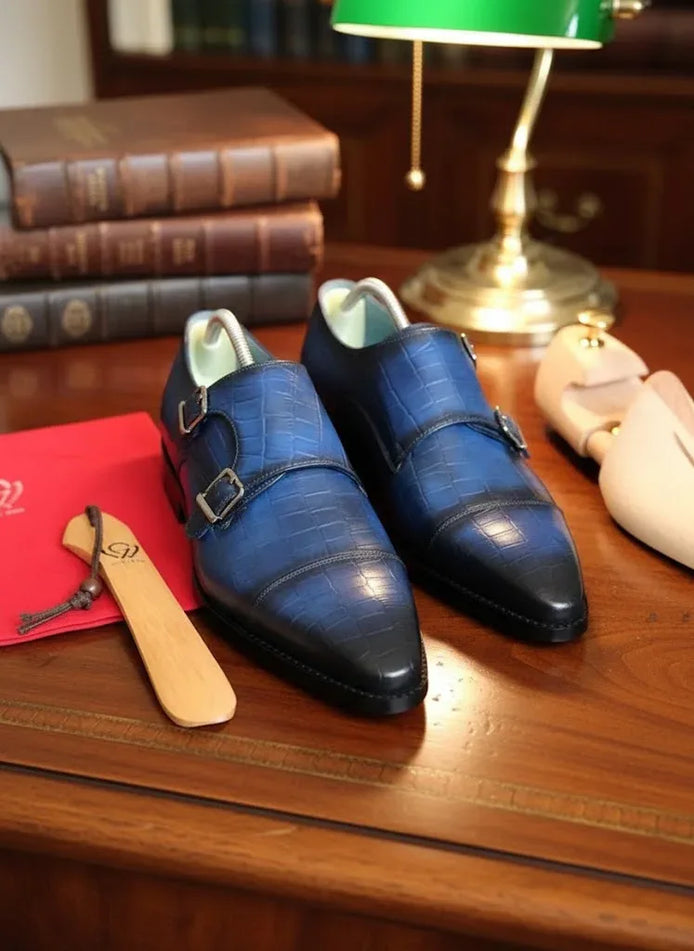 Navy Blue Double Monk Strap Shoes