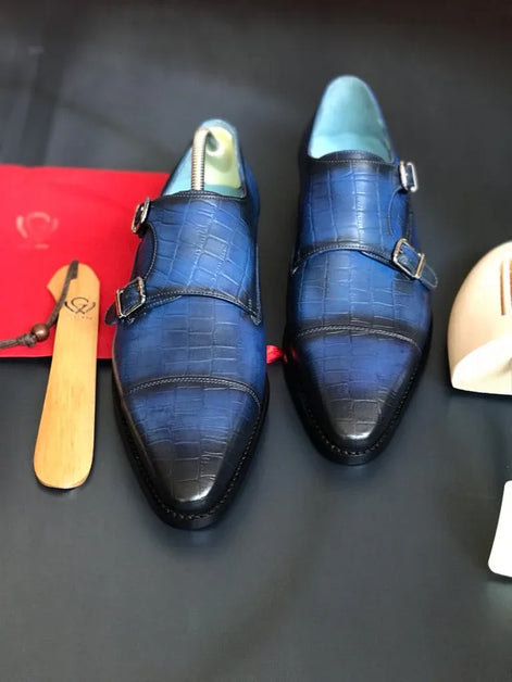 The Agrona Cap Toe Blue Double Monk Strap Shoes