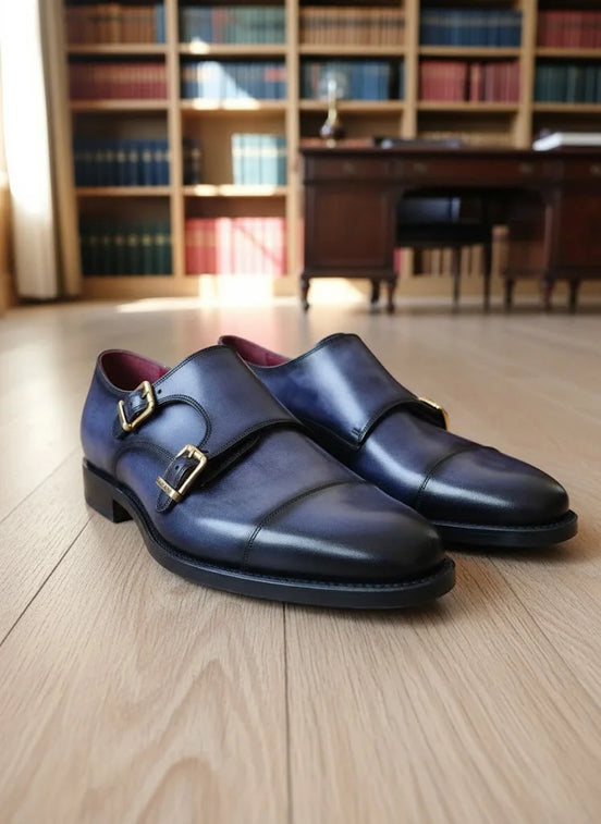 Navy Blue Double Monk Strap Shoes