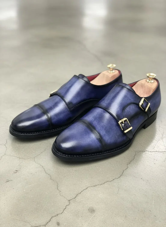 Navy Blue Double Monk Strap Shoes