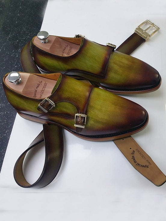 Olive Double Monk Strap Shoes