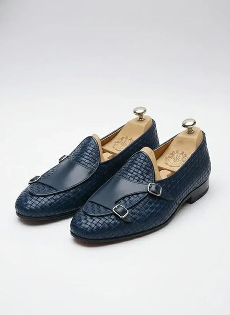Navy Blue Woven Leather Shoes