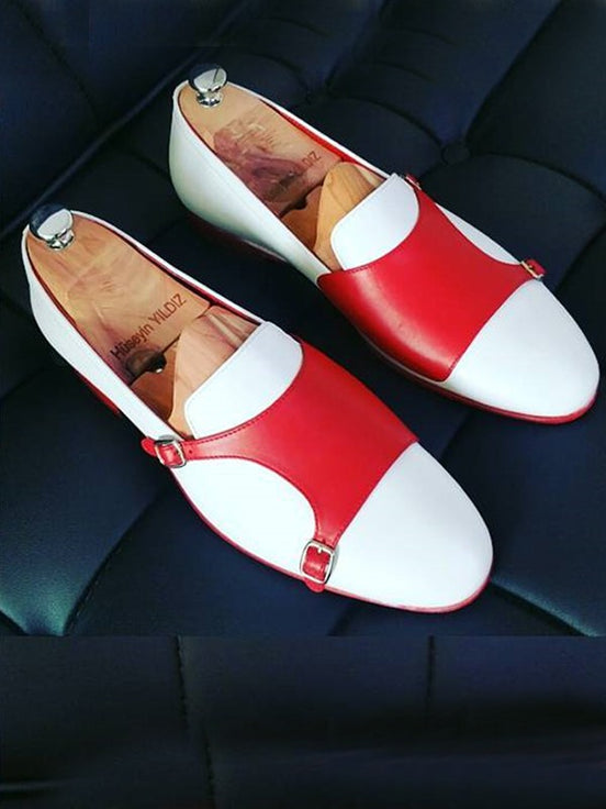 White Red Double Monk Strap Shoes