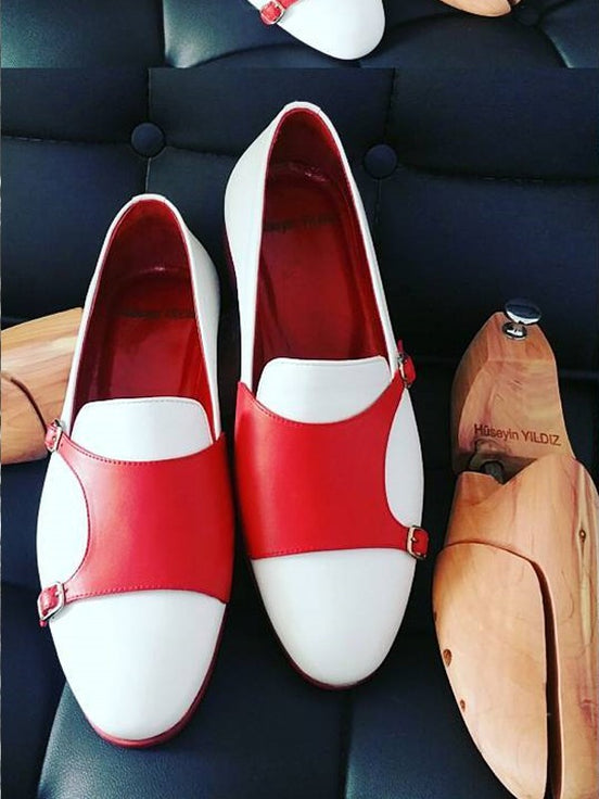 White Red Double Monk Strap Shoes