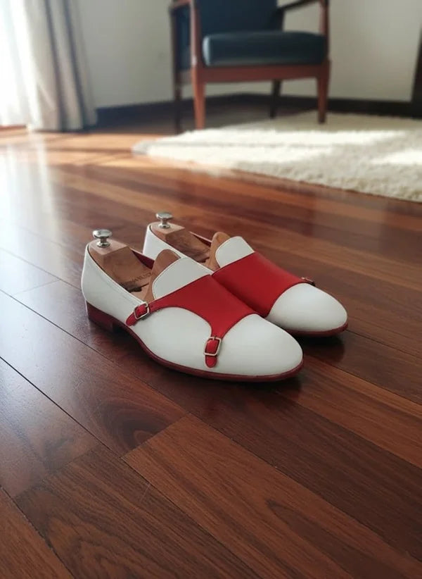 White Red Double Monk Strap Shoes